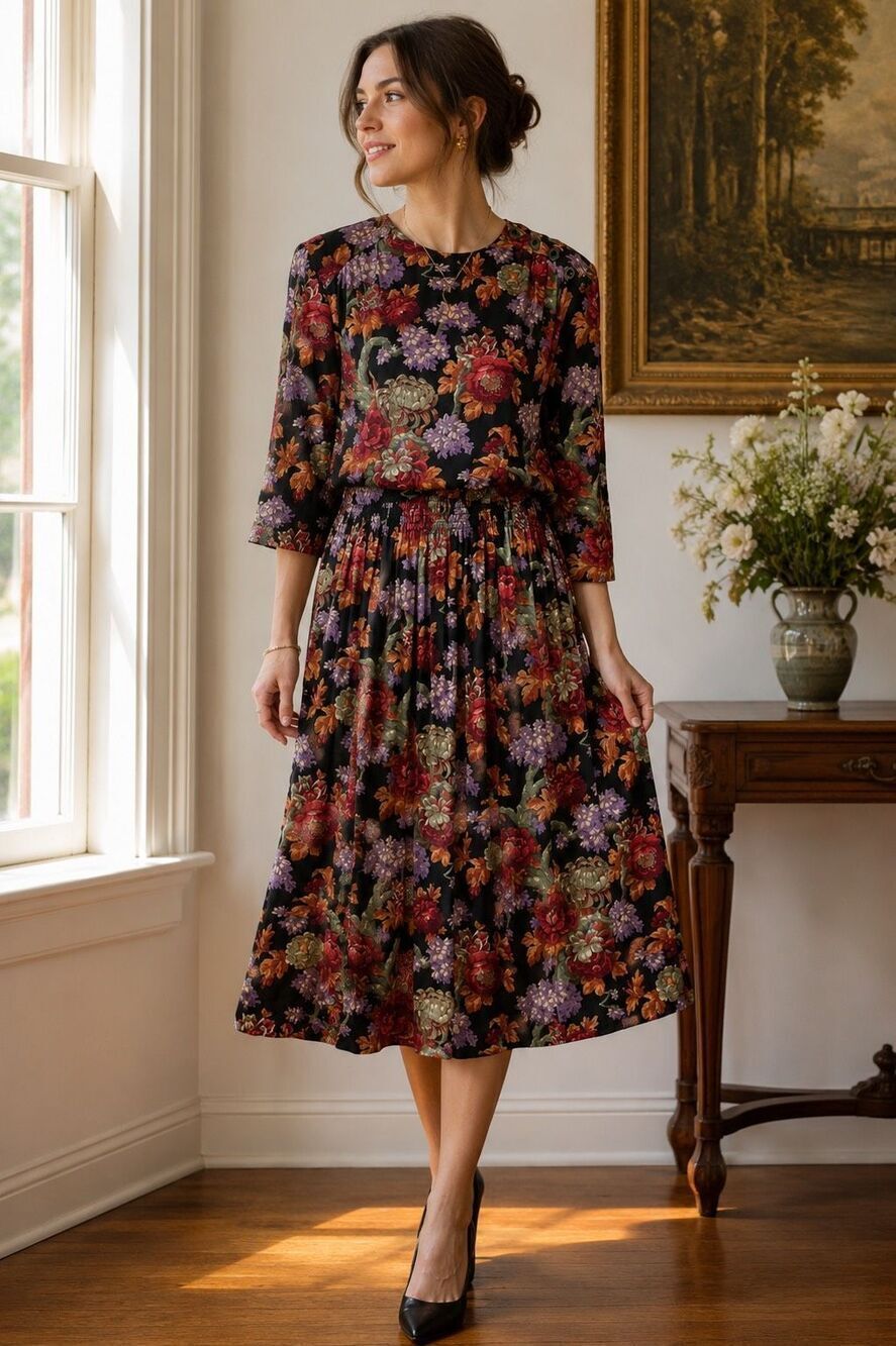 Vintage 80's Dennis Goldsmith Floral Smocked Midi Dress sz 14 Boho Festival Gran